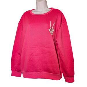 Pink Skeleton Peace Sign Sweatshirt "Have‎ the Day You Deserve" XL Halloween